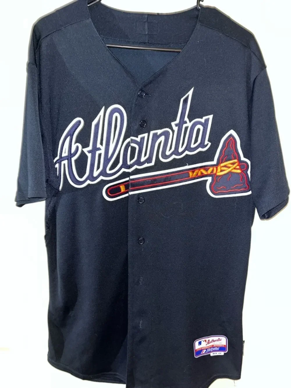 Sewn Mlb Rare tomahawk Atlanta Braves Navy Blue Mens baseball jersey 44